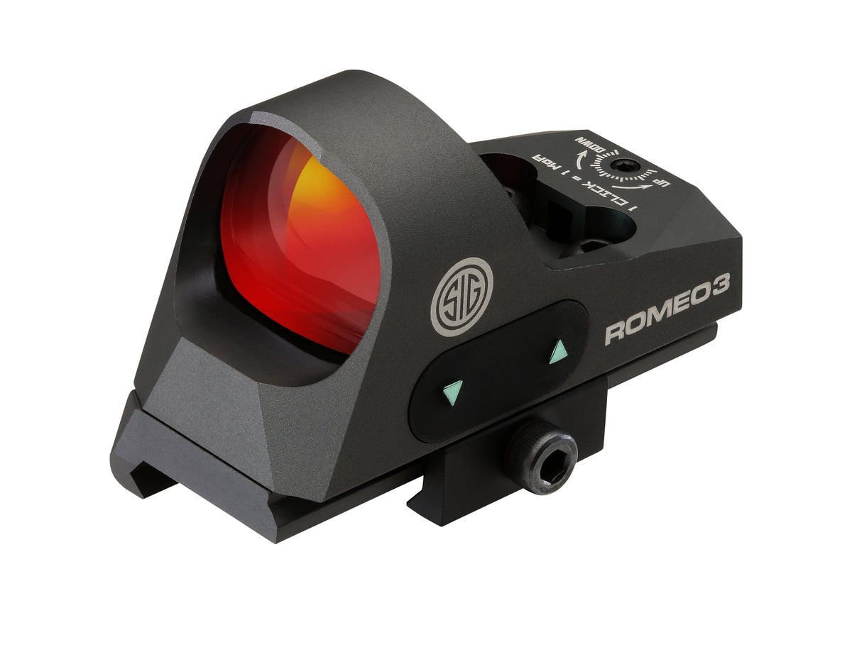 Sig Romeo 3 & ROMEO3 REFLEX SIGHT, 1X25MM, 3 MOA RED DOT, 1.0 MOA ADJ, M1913 WITH RISER, GRAPHITE